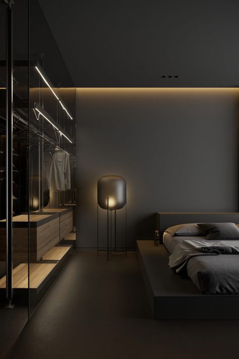 Dark Decor With Alluring Lighting Dark Interior Design, Black Bedroom Design, Dark Living Rooms, Dark Interiors, Bedroom Paint Colors, Modern Bedroom Design, Dream House Interior, Modern Bed, Home Room Design