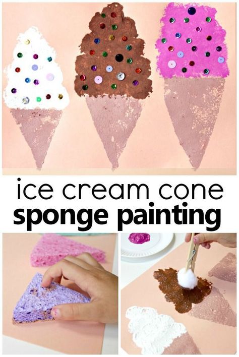 This sponge painted ice cream cone summer art project is a fun way to create different textures and designs using sponges and pom poms. Try it for your preschool ice cream theme or a fun summer art activity. #preschool #artprojectsforkids #summer Summer Art Activities, Summer Preschool Crafts, Ice Cream Crafts, Activity Preschool, Summer Art Projects, Ice Cream Theme, Summer Preschool, Sponge Painting, Summer Crafts For Kids