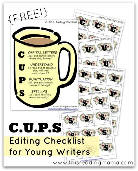 FREE Editing Checklist for Young Writers ~ C for Capital Letters ~ U for Understand ~ P for Punctuation ~ S for Spelling | This Reading Mama Spelling Ideas, Cups Writing, Editing Checklist, Second Grade Writing, 3rd Grade Writing, Homeschool Writing, Spelling Test, 4th Grade Writing, Teaching Language Arts