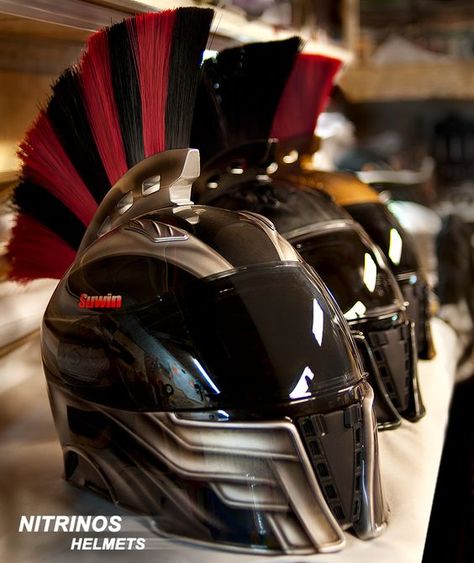 Nitrinous Helmets is a popular helmet brand in Russia. They specialize in making Cat Ear Helmets, Predator Helmets, and Spartan Motorcycle Helmets. When I was looking at adding a custom mohawk accessory to my helmet, some of these Sparta Helmets looked pretty cool – so I thought I better let you have a look too! … Sparta Helmet, Custom Bike Helmets, Motorcycles Helmets, Predator Helmet, Motorcycle Helmet Design, Biker Helmets, Helmet Concept, Cool Motorcycle Helmets, Helmet Armor