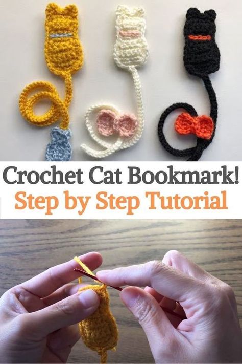 This is a great project to start crochet, because it is really simple to do, you just have to know the basic crochet stitches. In addition, due to its size, it is quite quick to make, in a few minutes you will have it ready.It's a great gift for just about anyone, because who doesn't love cats and books? They are very cute and useful bookmarks. If you have knowledge in crochet you can give it your personal touch... Crochet Cat Bookmark Pattern, Gifts For Crocheter, How To Make Crochet Bookmarks, Book Crochet Pattern Free, Animal Crochet Bookmark, Crochet Paper Clip Bookmark Free Pattern, Bookmarks To Crochet, Crochet Projects Bookmarks, How To Make A Crochet Bookmark