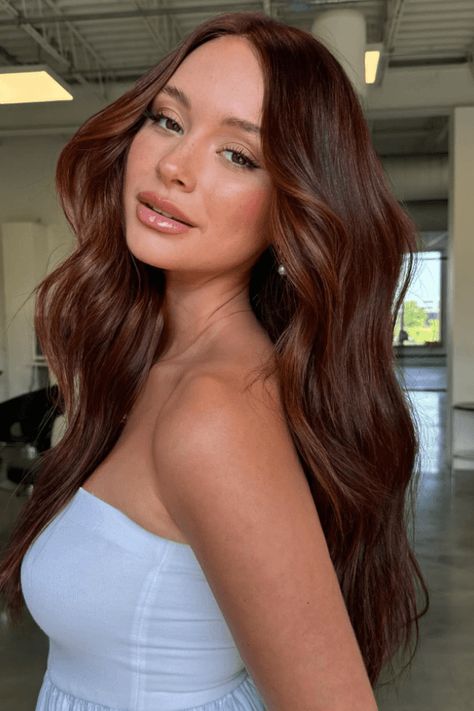 chocolate auburn hair, hair color ideas, hair styling Hair Color Ideas For Brunettes Auburn, Auburn Hair On Brown Hair, Auburn Hair Makeup Ideas, Dark Red Chocolate Hair, Cooper Chocolate Hair, Auburn Chocolate Hair, Dark Auburn Balayage Brunettes, Brown Red Undertone Hair, Darker Copper Hair