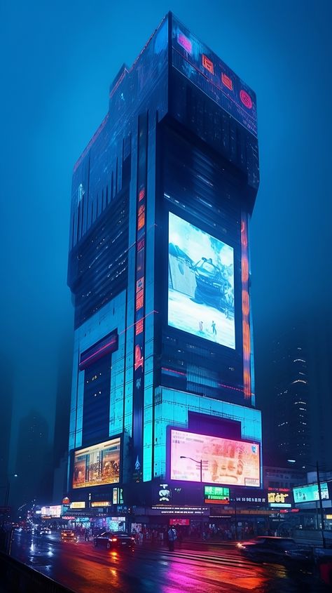 A cyberpunk building that glows in blue neon light has large screens displaying advertisements. It is an AI artwork generated with Midjourney. Cyberpunk Corporation, Cyberpunk Skyscraper, Neon Building, Cyberpunk Architecture, Fountain Architecture, Cyberpunk Space, Cyberpunk Dystopia, Cyberpunk Building, Music Building