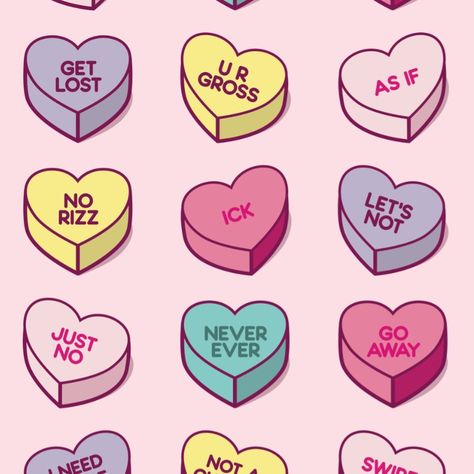 Anti-Valentine's Day Conversation Candy Love Hearts Print Are you not a fan of Valentine's Day?❤️ . A3 Print available on Etsy - Link in Bio Follow @hixonstickershop . . . #valentinedaygift #lovecandy #antivalentinesday #boudoir #sweethearts #breakupday #illustrator #artprintsforsale #etsyuk #etsyshopping #instart #hixonstickershop Anti Valentines Day Party, Love Hearts Background, Anti Love, Sweetheart Candy, Last Dinner, Eclectic Home Decor, Anti Valentines Day, Hearts Print, Rug Ideas