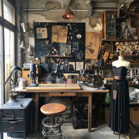 23 Crafting Havens: Crafting amidst the Dusk of Industry Shadows Whimsigoth Art Studio, Aesthetic Craft Room Ideas, Goth Art Studio, Cool Art Studio, Victorian Craft Room, Industrial Craft Room, Art Shop Aesthetic, Craft Room Design Inspiration, Creative Space Ideas