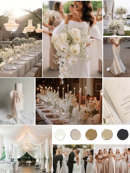 Black And Champagne Color Palette, White Cream Wedding, Champagne Wedding Details, Wedding Color Neutral, White And Neutrals Wedding, Champagne Colour Scheme Wedding, Dream Wedding Theme Color Schemes, White Champagne Wedding Color Schemes, Champagne Green White Wedding