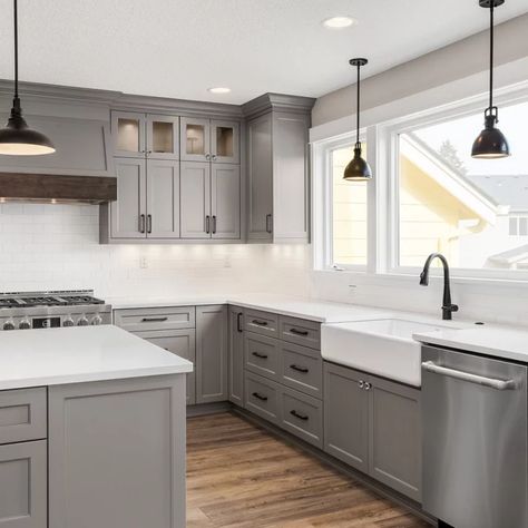 75 Farmhouse Kitchen with Gray Cabinets Ideas You'll Love - July, 2023 | Houzz Farmhouse Kitchen With Gray Floor, Light Grey Farmhouse Kitchen, White Kitchen With Gray Cabinets, Farmhouse Kitchen Grey Cabinets, Grey Kitchen Cabinets With Black Handles, Farmhouse Kitchen Grey Floors, Light Grey Kitchen Cabinets Farmhouse, White And Grey Kitchen Farmhouse, Grey Cabinet Wood Countertop