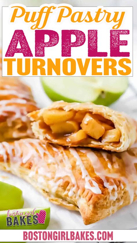 This puff pastry apple turnovers recipe is an easy and impressive dessert to make for the holidays! Using store bought puff pastry makes these turnovers come together super fast. The apple filling gets cooked on the stove in just minutes. I drizzle on an easy vanilla icing on the end. You’re going to love them! | @bostongirlbakes #appleturnoverswithpuffpastry #puffpastryturnovers #falltreats #bestappleturnovers #easyappleturnoverrecipe Easy Vanilla Icing, Puff Pastry Apple Turnovers, Apple Turnovers With Puff Pastry, Apple Recipes With Puff Pastry, Apple Turnovers Recipe, Puff Pastry Apple, Apple Turnover Recipe, Impressive Dessert, Turnover Recipes