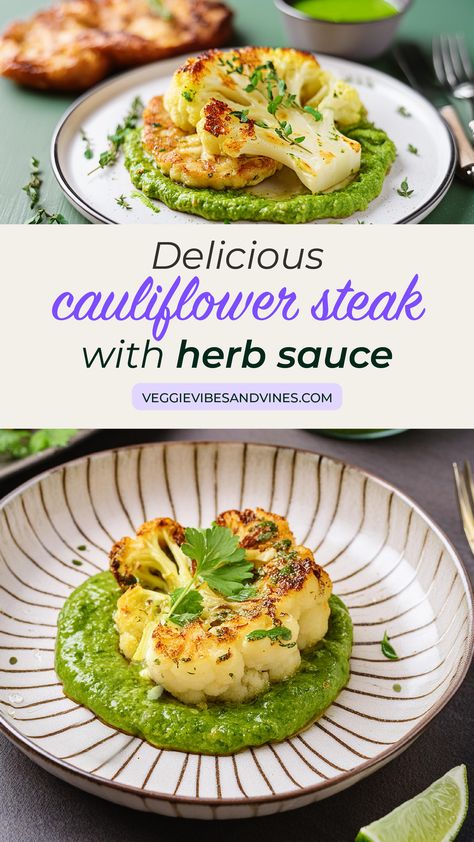 Cauliflower Steak with Herb Sauce Cauliflower Steak Recipes, Steak Appetizers, Cauliflower Steaks Recipes, Cauliflower Steak, Roasted Cauliflower Steaks, Vegan Steak, Steamed Cauliflower, Cauliflower Dishes, Cauliflower Recipe