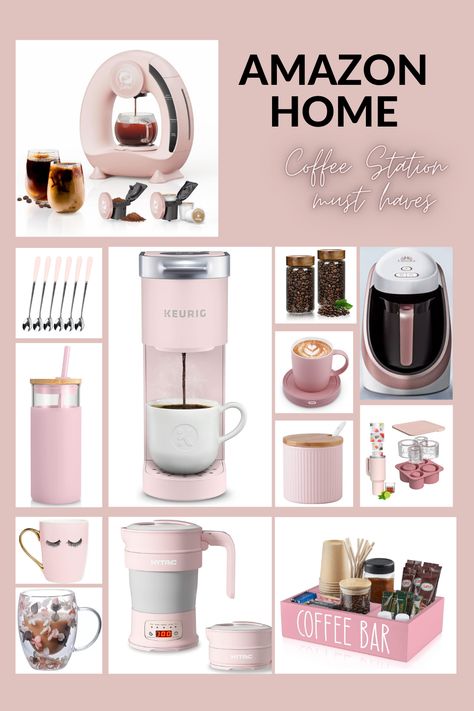 Coffee Station- Pink  Pink Single Serve Coffee Maker Keurig Single Serve K-Cup Pod Coffee Maker Pink Coffee Station Organizer Pisa Cafetière -Large French Press  Silicone Ice Cube Molds Cup Warmer  Milk Frother Pink Coffee Station Ideas, Keurig Set Up, Pink Keurig Coffee Station, Pink Coffee Station, Pink Coffee Bar Ideas, Pink Coffee Bar, Bama Dorm, Pink Coffee Shop, Keurig Coffee Station