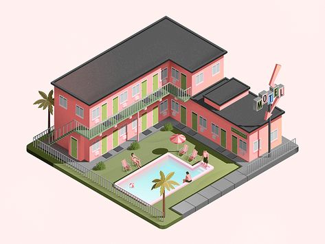 Flamingo Motel by Christopher Hebert on Dribbble Motel Pool, Interior Design Portfolio Layout, Building Illustration, Sims House Plans, Isometric Art, Isometric Design, Isometric Illustration, Low Poly Art, My Type