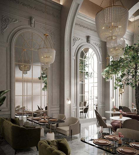 Classic Interior Design Luxury, Neoclassical Interior Design, Brunch Restaurant, Victorian Interior Design, Classic Restaurant, Neoclassical Design, Neoclassical Interior, Palace Interior, Victorian Interior