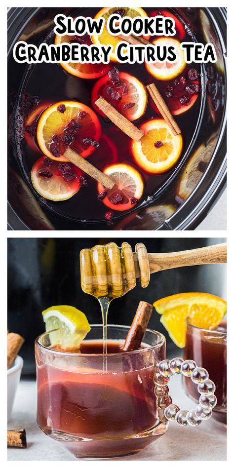 Whether you're feeling a bit chilled or looking for a flavor-packed drink for guests, this slow cooker cranberry citrus tea is a must-try. Black tea, cranberry juice, cinnamon sticks, and a few citrus fruits come together for an aroma and taste that's irresistible. - The Magical Slow Cooker Cranberry Orange Tea, Slow Cooker Drinks, Crockpot Drinks, Orange Spice Tea, Citrus Tea, Cranberry Tea, Magical Slow Cooker, Cranberry Drinks, The Magical Slow Cooker