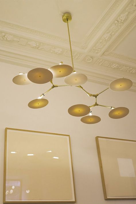 BD.09.01 in brushed brass at our NoHo showroom. Photo by Steven Brahms for W magazine Lindsey Adelman, Entryway Lighting, Illuminated Mirrors, Heavy And Light, Bubble Chandelier, Ceiling Medallions, Copper And Brass, Lighting Store, Porcelain Figurines