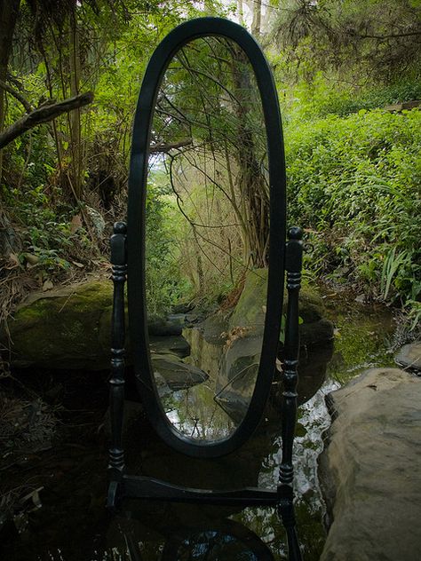 Mirror In The Woods Photography, Fairy Portal Mirror, Mirrors In Garden, Mirror In Forest, Woodland Mirror, Garden Portal, Mirror Forest, Mirror Portal, Fantasy Mirror