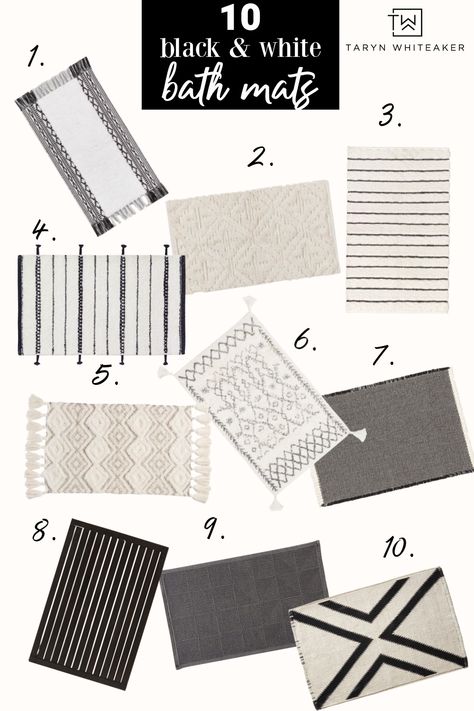 Black and White Bath Mats - Taryn Whiteaker Black And White Bathroom Mats & Rugs, Bathroom Rug Combinations, Bathroom Rugs Ideas Master, Bathmat Ideas Bathroom, Bathroom Mats Decor Bath Rugs, Black And White Bath Rug, Bathroom Mats Decor, Black And White Bathroom Rug, Eclectic Bathroom Decor