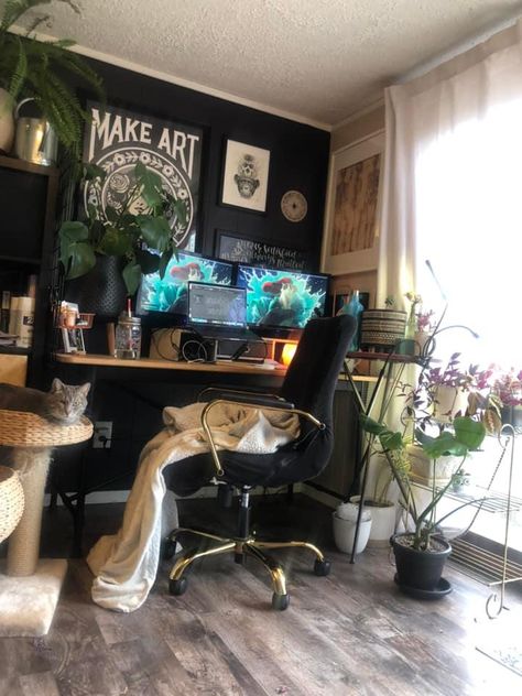 Stream Room Aesthetic, Dark Cozy Studio Apartment, Grunge Office Decor, Dark Eclectic Office, Dark Boho Apartment Aesthetic, Dark Plant Bedroom Aesthetic, Goth Home Office Ideas, Gamer Apartment Decor, Black Boho Office