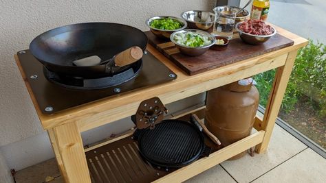 Outdoor Fryer Station, Outdoor Cooking Station Patio, Small Outdoor Cooking Station, Wok Cooking Station, Moveable Outdoor Kitchen, Outside Cooking Station, Outdoor Wok Station, Balcony Cooking Area, Wok Burner Outdoor