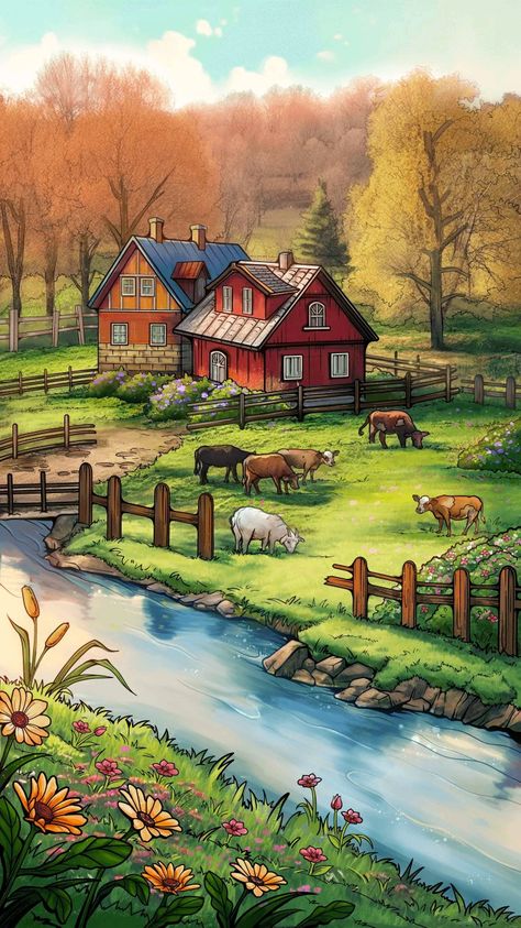 Drawing Of A Village, Cartoon Scenes Drawing, Farm Cartoon Drawing, Beautiful Village Scenery Drawing, My Village Drawing, Farm Drawing Ideas, Farm Drawing Landscape, Village Drawing Landscapes, Village House Drawing