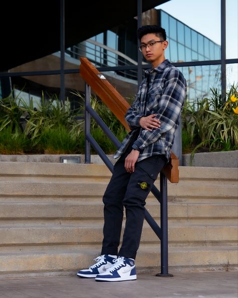 Cargo Pants With Jordans, Flannel And Jordans Outfit, Blue Jordan 1 Outfit Men Fashion, Jordan 1 Cargo Pants Outfit, Cargo Pants And Flannel Outfit Men, Cargo Pants Flannel Outfit, Midnight Navy Jordan 4 Outfit, Navy Blue Cargo Pants Outfit, Blue Flannel Outfits Men