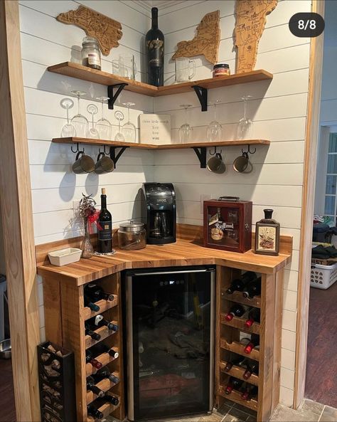 Corner Room Bar Ideas, Bar Ideas For Home Corner, Corner Shelf Bar Ideas, Diy Bar Ideas For Home Small Spaces, Diy Corner Bar With Mini Fridge, Corner Wine Fridge Cabinet, Diy Corner Bar Ideas, House Mini Bar Ideas, Living Room Bar Corner