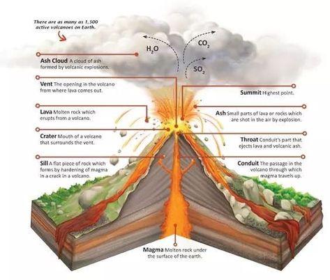 Volcanoe Layers Of Volcano, Before During After Volcanic Eruption, Volcano Science Fair Project, Science Volcano, Parts Of A Volcano, Knowledge Illustration, Volcano Parts, Volcano Science Projects, Science Project Models