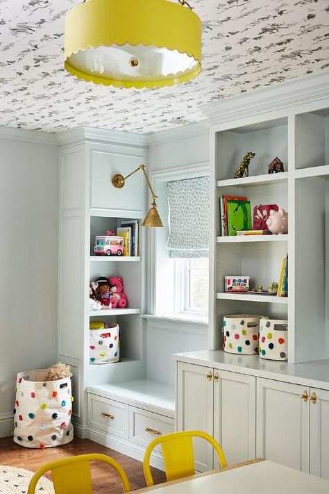 Built In By Window, Playroom Window, Wallpaper On Ceiling, Gray Playroom, Yellow Ceiling, Kids Room Interior Design, Wallpaper Ceiling, Playroom Design, Kids Interior Room