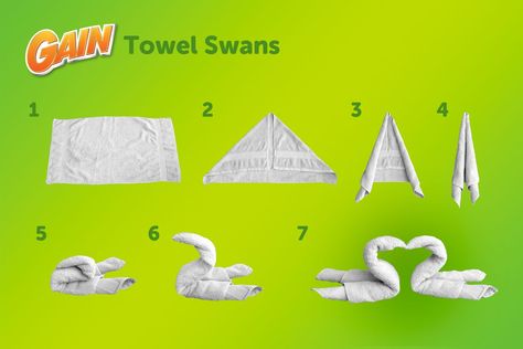 Who doesn't love a towel swan? Here's how to make your own. #client Towel Swan, Bathroom Towels Display, Folding Socks, Towel Origami, Fold Towels, Towel Folding, Towel Art, 40th Birthday Quotes, Toilet Paper Art