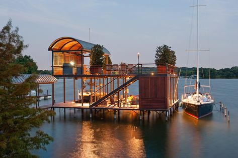 David Lewis Builder | Upscale Residential Construction - David Lewis's Portfolio - boat dock, pool deck, two story dock, custom bar with rounded roof - Sara Donaldson Photography Two Story Dock, Lake Deck Ideas Boat Dock, Beach House With Boat Dock, Lake Bar, Dock Bar, 2 Story Boat Dock, Boat Lifts And Docks, Sara Donaldson, Boathouse Design