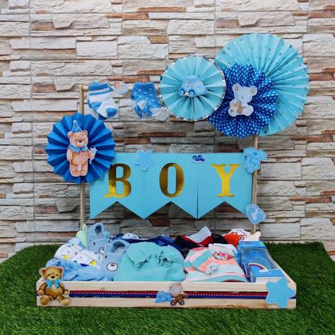 Blue baby boy hamper Naming Ceremony Gift Packing Ideas, Baby Hampers Packaging, Baby Boy Gifts Basket, Naming Ceremony Gift Ideas, Baby Trousseau Packing Ideas, Baby Hamper Ideas Baskets, Baby Boy Hamper Ideas, Baby Hampers Ideas Gift, Baby Boy Gift Basket Ideas