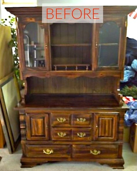 8 Hutch Makeovers We Can't Stop Looking At | Hometalk China Cabinet Makeover Farmhouse, Chalk Paint Hutch, Hutch Makeover Diy, Distressed Hutch, Hutch Redo, China Hutch Makeover, Hutch Furniture, Ochre Color, Vintage Hutch