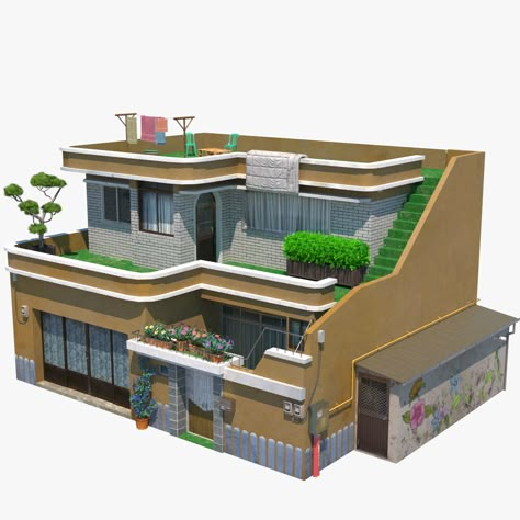 Korean Rooftop House, Korean Townhouse, Sims 4 Korean House, Korean House Exterior, Korean House Design, Industrial House Exterior, Anime Houses, Korean House, Japanese Apartment