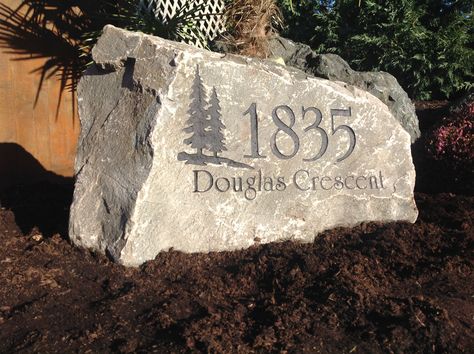 Engraved Stones For Yard, Stone Signage, Rock Engraving, Address Stone, Oberoi Hotels, Driveway Entrance Landscaping, Entrance Signage, Mailbox Landscaping, Rock Sign