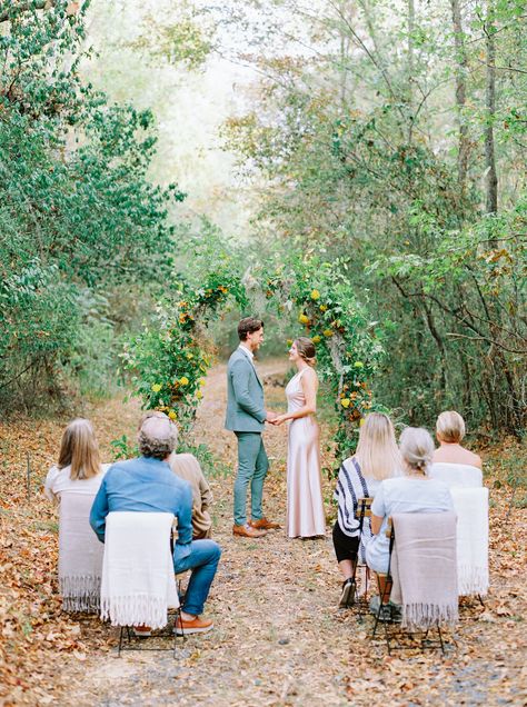 This micro wedding at Wavering Place is all the fall wedding inspiration you need! In the sun-kissed forest of South Carolina, with crimson reds and burnt orange hues, this intimate elopement is #GOALS. Fall Reception, Small Outdoor Wedding, Simple Beach Wedding, Small Weddings Ceremony, Weddings By Color, South Carolina Wedding, Orange Hues, Intimate Elopement, Intimate Wedding Ceremony