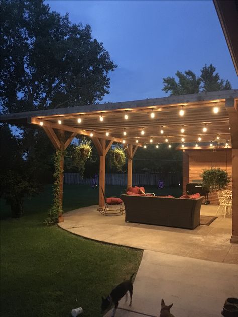 I'm in love with my pergola! Deck Lighting Ideas, Backyard String Lights, Pergola Diy, Outdoor Covered Patio, Patio String Lights, Outdoor Garden Lighting, Pergola Design, Backyard Lighting, Outdoor Patio Lights