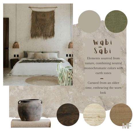 Wabi Sabi Color Palette, Wabi Sabi Style Bedroom, Wabi Sabi Interior Design, Wabi Sabi Home Decor, Bedroom Inspiration Cozy, Natural Bedroom Decor, Wabi Sabi Design, Wabi Sabi Interior, Mood Board Interior