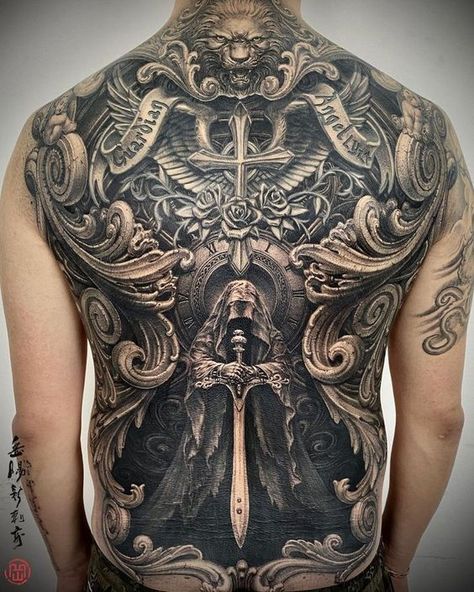 Back Piece Tattoo Men, Beautiful Spine Tattoos, Backpiece Tattoo, Spine Tattoo Ideas, Chicano Tattoos Sleeve, Full Leg Tattoos, Full Tattoo, Torso Tattoos, Back Piece Tattoo