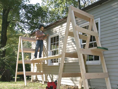 Wood Scaffolding Diy, Diy Scaffolding Ideas, Homemade Scaffolding, Diy Scaffolding, Wooden Scaffolding, Scaffolding Design, Scaffolding Wood, Fine Homebuilding, Diy Ladder