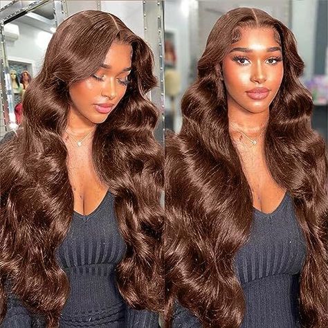 😍Get ready to slay with this indulgent Chocolate Brown Lace Front Wig! Made with 100% Human Hair, it boasts a natural hairline, baby hair, and a gorgeous body wave texture. The HD transparent lace ensures a flawless and undetectable look. ✔️Don't miss out on getting this stunning 200 density long wig! #AD #CommissionsEarned Frontal Wig Body Wave, Color Castaño, Full Lace Frontal, Human Hair Color, Different Skin Tones, Cheap Human Hair, Beautiful Hairstyles, Colored Wigs, Body Wave Wig