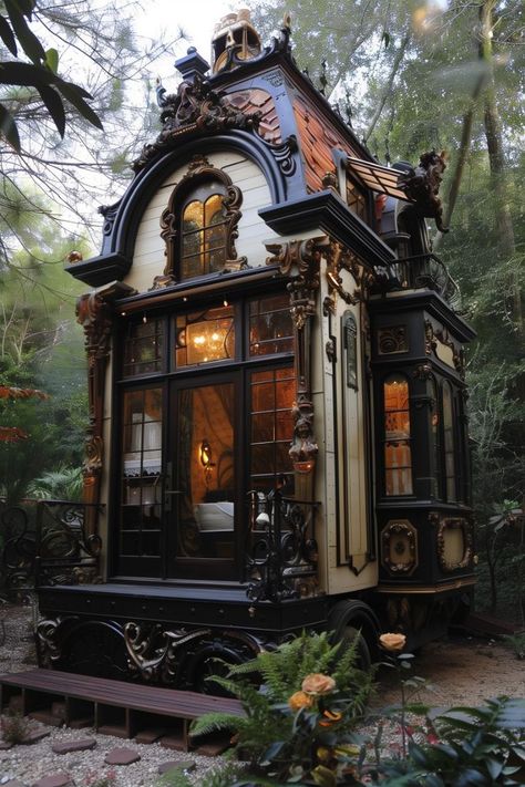 Castle Tiny House, Victorian Tiny Home, Gothic House Design, Modern Witch House, Whimsical Tiny House, Gothic Tiny House, Whimsical Architecture, Dark Modern House, Victorian Tiny House