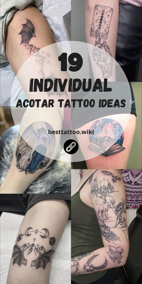 Embark on a journey through the mystical world of ACOTAR with our top 19 tattoo ideas for 2024! Explore a diverse array of designs inspired by Feyre's captivating journey and the enchanting magic of the Night Court. Whether you're drawn to small and subtle tattoos or intricate designs featuring mountain vistas and feathery wings, let these tattoos inspire your own magical transformation. Bookish Tattoos Watercolor, Zodiac Academy Book Tattoo Ideas, Video Game Tattoos Ideas, Custom Tattoo Design Ideas, Acotar Tattoos Feyre Hand, Feyre Mating Tattoo, Valeris Tattoo Acotar, Rhysand And Feyre Tattoo, Through Love All Is Possible Crescent City Tattoo