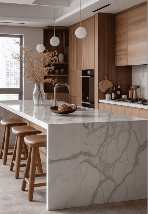 Contemperory Kitchen, Kitchen White Wood Modern, Organic Modern Kitchen Countertops, Small Designer Kitchen, Light Wood Kitchens Modern, Taupe And Grey Kitchen, Walnut Cabinets With White Countertops, Different Style Kitchens, Kitchen Ideas Mansion