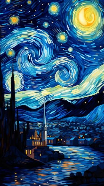 Estilo de pintura de la noche estrellada... | Premium Photo #Freepik #photo #luna #pintura #artista #arte Pintura Van Gogh, Wallpaper Van Gogh, فنسنت فان جوخ, Van Gogh Wallpaper, Starry Night Wallpaper, Dotted Drawings, Starry Night Art, Space Phone Wallpaper, Arte Van Gogh