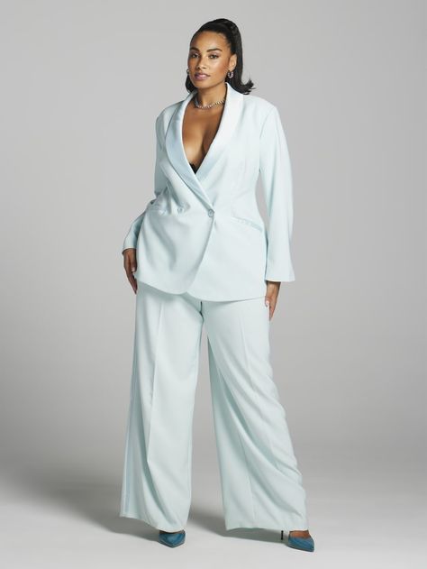 Plus Size Teagan Satin Trim Single-Breasted Blazer - Gabrielle Union x FTF | Fashion to Figure Style Bleu, Blue Two Piece, Suit Collar, Fashion To Figure, Sweater Jumpsuit, Single Button Blazer, Swimming Outfit, Pant Suit, Tailored Blazer