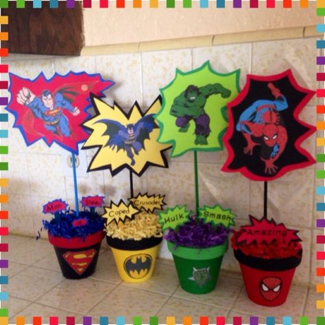 Superhero centerpieces Superheroes party ideas Superhero Centerpiece, Avenger Party, Baby Shower Themes For Boys, Superheroes Party, Marvel Birthday Party, Superhero Baby Shower, Marvel Party, Hulk Birthday, Avenger Birthday Party