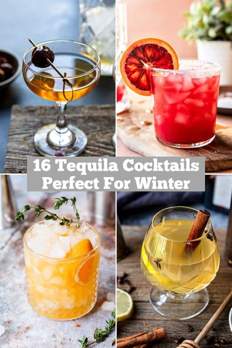 Tequila lovers take note!! 16 tequila cocktails that are perfect for sipping in the colder months! All cocktail recipes are included. Patron Cocktails Recipes, Signature Tequila Cocktail, New Cocktails Ideas, Cocktails For Coupe Glasses, Tropical Tequila Cocktails, Tequila Craft Cocktails, Light Tequila Cocktails, Teremana Tequila Recipes, Tequila Spritzer Cocktails