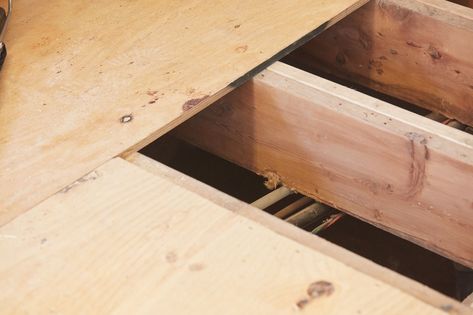 Learn about the differences between subfloor, underlayment, and joists, and how each of them works with this helpful guide. How To Build A Subfloor, Subfloor Repair, Plywood Subfloor, Floor Stain Colors, Wood Floor Stain Colors, Types Of Wood Flooring, Floor Renovation, Floor Stain, Diy And Home Improvement