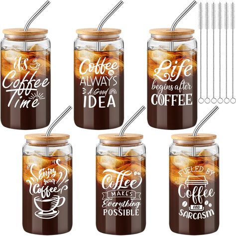 PRICES MAY VARY. Glass Coffee Cup Set: the package contains 6 glasses with different coffee theme designs, each equipped with 1 bamboo lid, 1 curved stainless steel straw, 1 straw brush, convenient for daily use; This thoughtful and practical set is designed for daily use, it makes a smart gift for coffee lovers on any occasion Ideal Sizes: the iced coffee glasses has a capacity of 16 oz, ideal for holding various drinks, like water, iced coffee, tea, hot chocolates, milk, juice, cocktails, wine Coffee Cup Crafts, Coffee Cups With Lids, Cups With Lids And Straws, Flavored Coffee Creamer, Iced Coffee Cups, Coffee Tumblers, Coffee Glasses, Cups With Lids, Glitter Tumbler Cups