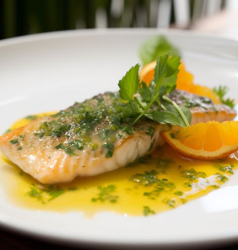 Pan-seared sustainable fish with citrus herb sauce and fresh herbs. Citrus Sauce For Fish, Citrus Sauce, Bearnaise Sauce, Earth Hour, Sustainable Seafood, Herb Sauce, Marine Biologist, Fish Fillet, Pan Seared