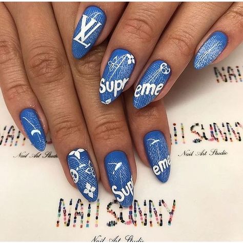 Supreme Nails, Louis Vuitton Supreme, Crazy Nails, Nail Art Designs Videos, Acrylic Nails Coffin, Nails Coffin, Blue Nails, Coffin Nails, Art Designs